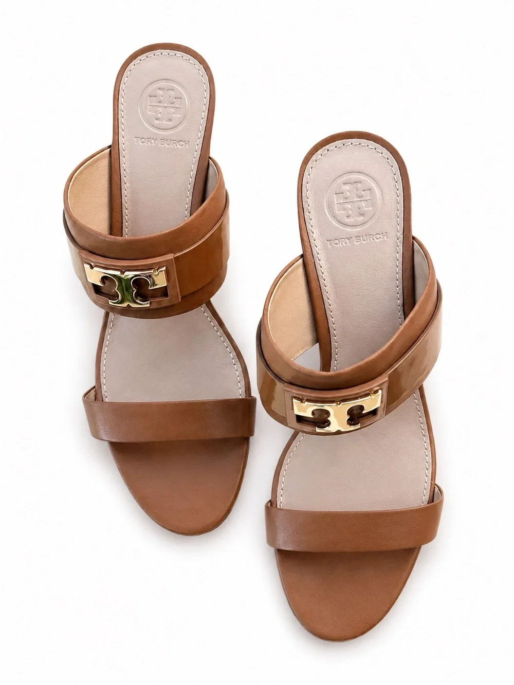 Tory Burch Double T Leather Wedge Slide Sandals – Tan/Camel – Women’s Size 6.5M